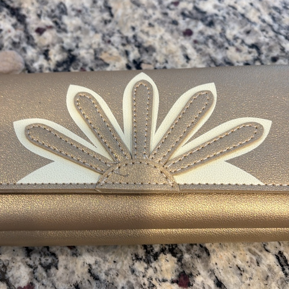 Krazy Kat gold flower vegan leather 10 card slot trifold wallet